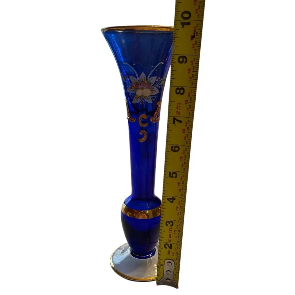 Bohemian Czech Cobalt Blue Art Glass Vase Gold Floral Trumpet 9.75